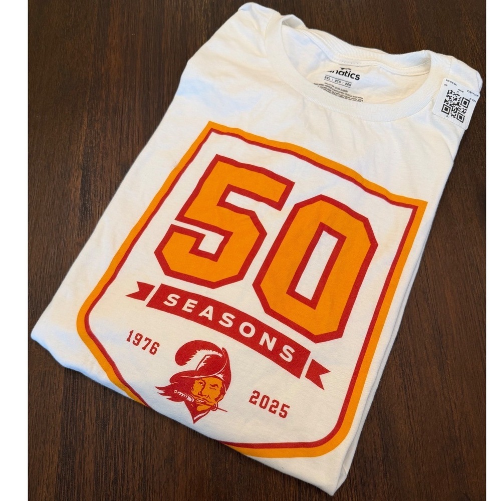 New Tampa Bay Buccaneers 50 Seasons T-Shirt Mens 2XL White Bucco Bruce 1976